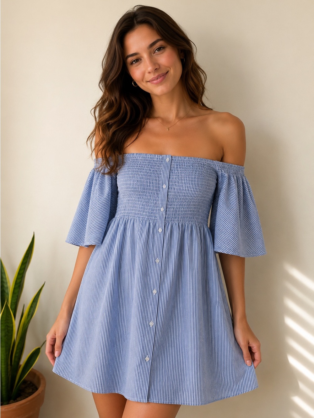 Off shoulder seersucker mini dress